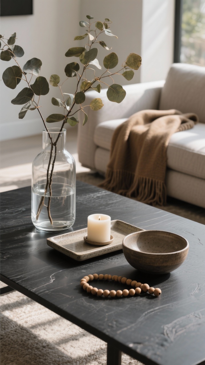 Coffee table styling closeup: the “Tall, Low, Organic” rule—tall clear vase with leafy branches, low ceramic tray with a candle and shallow bowl, and organic wood bead strand; odd-number grouping with varied heights, negative space visible on the charcoal tabletop; camel throw on adjacent sofa edge; soft afternoon light, angled perspective to emphasize balance and texture.