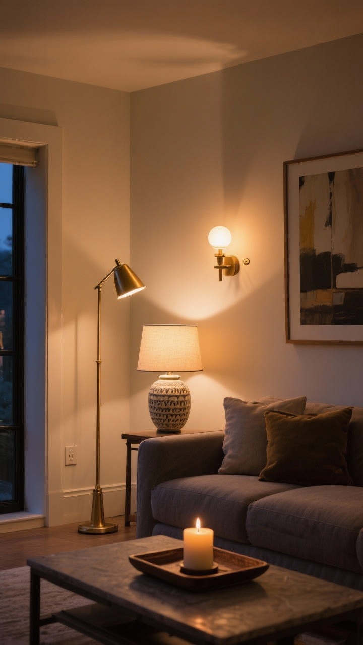 Corner angle, medium shot: A living room scene with layered lighting—three light sources visible: a brass floor lamp, a ceramic table lamp, and a wall sconce; warm bulbs at 2700K creating a cozy glow; dimmer-like ambiance; a candle on a tray on the coffee table; one lamp angled toward a framed artwork to bounce light and soften shadows; evening setting, photorealistic.