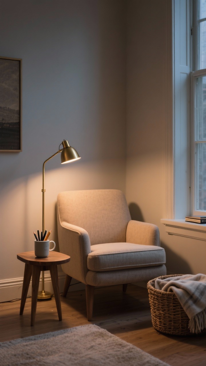 Corner-angle medium shot of a cozy reading nook ritual zone: a comfy upholstered chair, brass floor lamp for task light, a small wooden side table with a mug and a jar of pens, a folded blanket within reach on a woven basket; calm evening lighting with low, warm tones, serene and inviting, photorealistic.