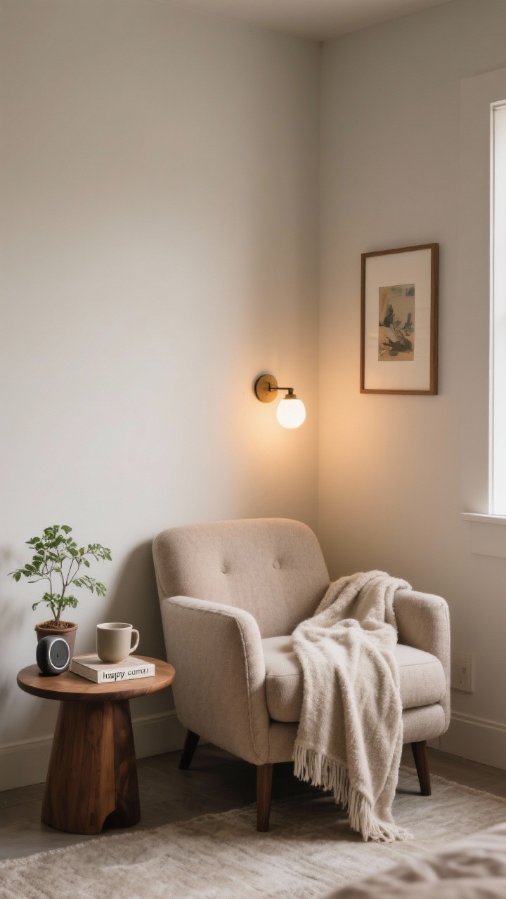Corner angle medium shot of a “happy corner” nook: an inviting upholstered armchair with a plush blanket, a small round wood side table holding a mug and a book, a wall sconce casting ambient warm light, and a tiny potted plant; a single framed art piece that feels personal above the chair; optional small speaker tucked on the table; cozy, quiet vibe with layered textures and calm lighting.