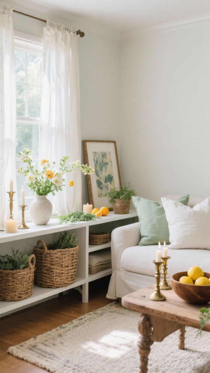 Corner angle medium shot showing seasonal swaps in a living room shelf and sofa scene: spring/summer styling—crisp linen pillow covers in soft white and sage, airy sheer curtains, woven baskets on the lower shelf, citrus and herbal candles, fresh flowers in a favorite vase; a neutral base rug and classic candleholders remain; a few thrifted pieces—vintage brass candlesticks and a wood bowl with lemons—add patina; framed art print casually leaned and recently rotated; bright but soft natural daylight, photorealistic, no people.