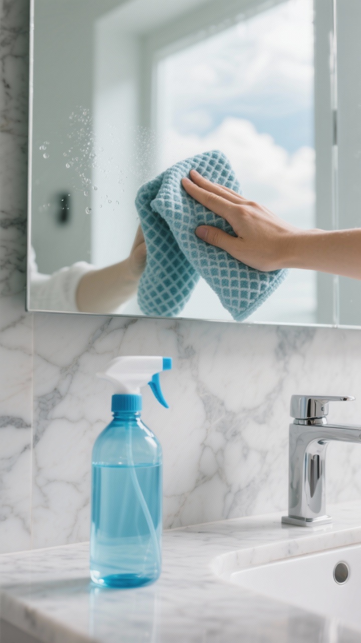 Detail closeup: a bathroom mirror being wiped with a waffle-weave microfiber in an “S” pattern; a dedicated clear-blue glass cleaner bottle on the marble-look vanity (no vinegar in sight), the mirror reflecting soft, cloud-filtered daylight for minimal glare; crisp, streak-free shine and fine condensation resistance hinted by clarity; avoid natural stone vinegar cues.