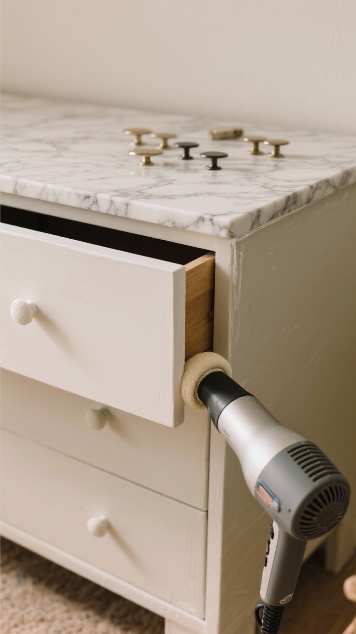 Detail closeup: A dresser makeover in progress—one drawer front freshly painted with a smooth foam-roller finish over primed laminate, adjacent drawer topped with marble-look contact paper carefully wrapped at the edges; a hairdryer warming the vinyl corner for a tight seal; new hardware laid out to swap in; warm, neutral setting with soft daylight highlighting the improved texture and sheen.