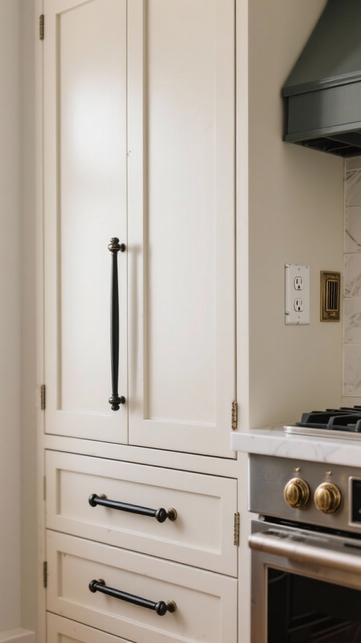 Detail closeup: A kitchen cabinet door front showing the swap from dated hardware to sleek mixed finishes—matte black pulls on drawers (measured center-to-center) and small antique brass knobs on doors; show a template aligned for drilling precision; include nearby spray-painted vent cover and matching switch plate in the same finish for a cohesive mini glow-up; neutral cabinetry with soft, diffused daylight.