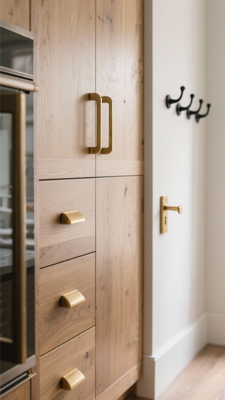 Detail closeup: A set of brushed brass drawer pulls on flat-front oak kitchen cabinets, paired with matching matte black wall pegs on a nearby mudroom wall. Include a modern satin brass door lever in frame. Clean, cohesive finishes across spaces, shallow depth of field to highlight hardware texture and sheen, soft natural light from the side, corner angle.