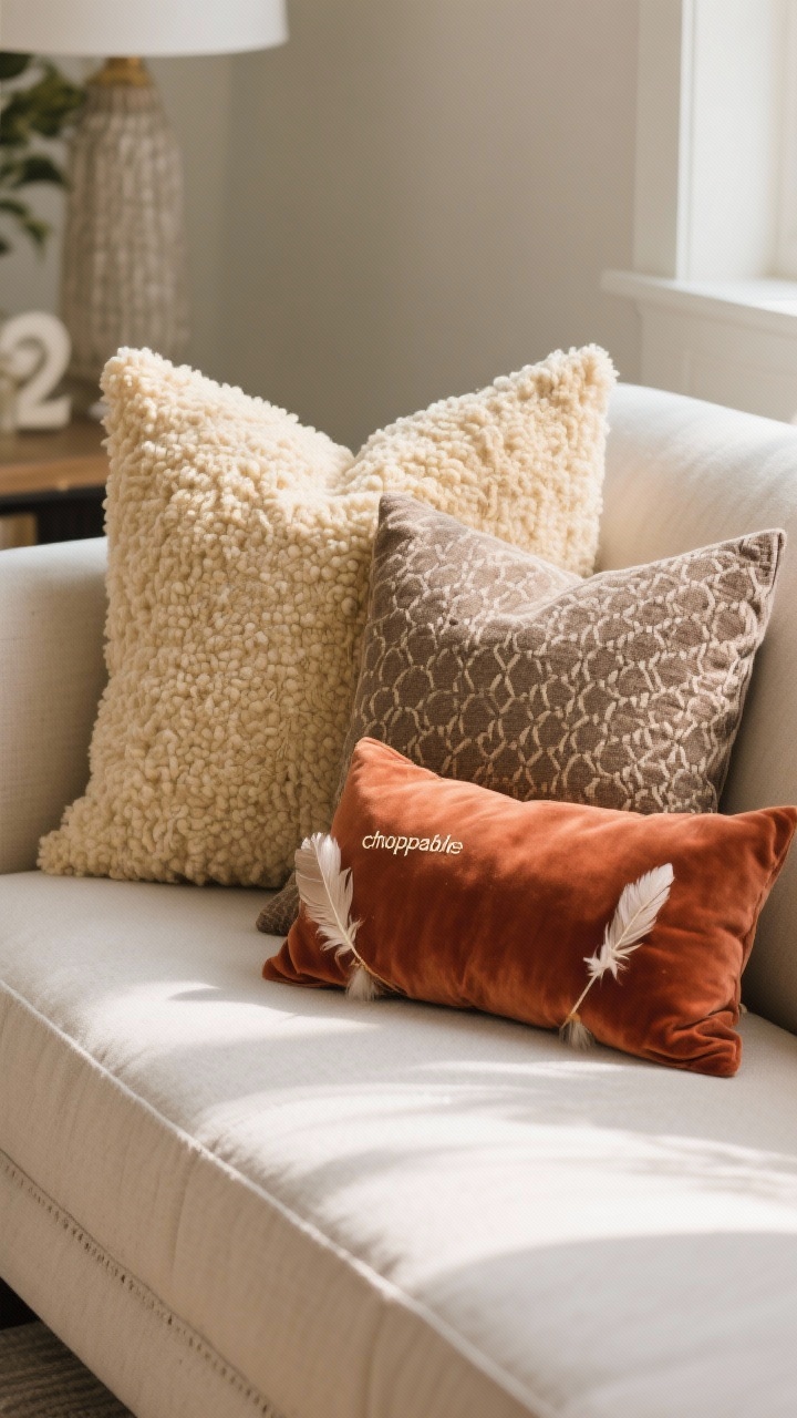Detail closeup: A sofa corner styled with a luxe pillow mix—22-inch bouclé in warm cream, 20-inch textured linen in taupe, a patterned woven pillow, and a smaller rust velvet lumbar in front. Feather/down inserts for plush “choppable” loft. Neutral palette with one accent color, soft afternoon light raking across fabric weave, shallow depth of field.