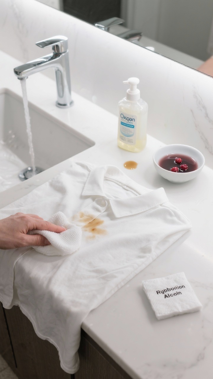 Detail closeup: A stain-treatment station on a white counter—cotton shirt laid flat with a visible small stain being blotted (no rubbing) using a clean cloth; a dish soap drop near a greasy spot, an oxygen bleach solution in a small bowl for wine/berry, and a cotton pad with rubbing alcohol labeled for ink. A cool-water faucet running gently. Overhead lighting, top-down perspective emphasizing liquid sheen and fabric weave.