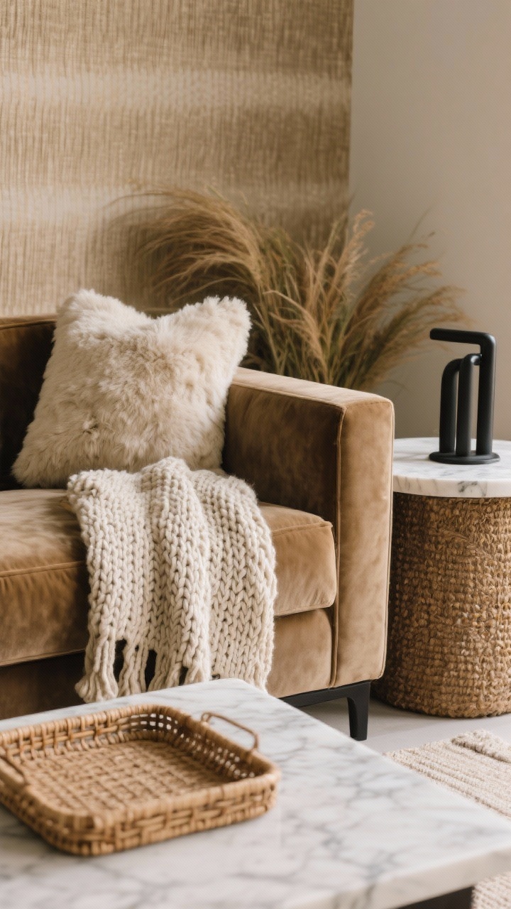 Detail closeup: A texture-rich corner of a modern sofa setup—linen or velvet sofa arm with a chunky knit throw draped over it and a faux shearling pillow; nearby a marble-topped side table with a woven rattan tray and a matte black metal accent; behind, a hint of grasscloth wallpaper adding depth; warm neutral palette with tan, cream, charcoal; soft, diffused natural light highlighting smooth vs nubby, matte vs glossy contrasts; shallow depth of field