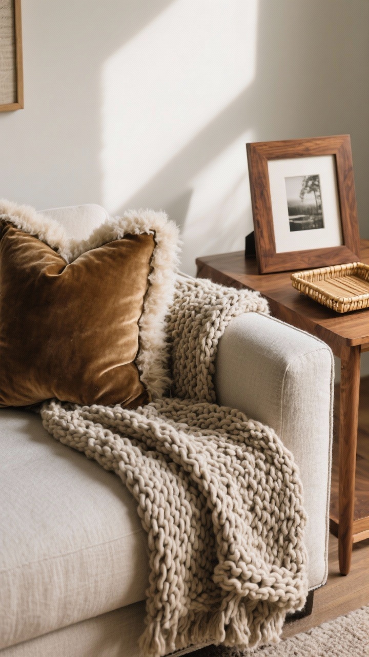 Detail closeup: A textured composition on a sofa arm—nubby chunky knit throw draped over a smooth linen couch, a faux-shearling pillow, and a velvet cushion; nearby a walnut-framed photo sits on an oak side table with a bamboo tray; soft afternoon light grazing the fibers to emphasize rough + smooth + plush; photorealistic.