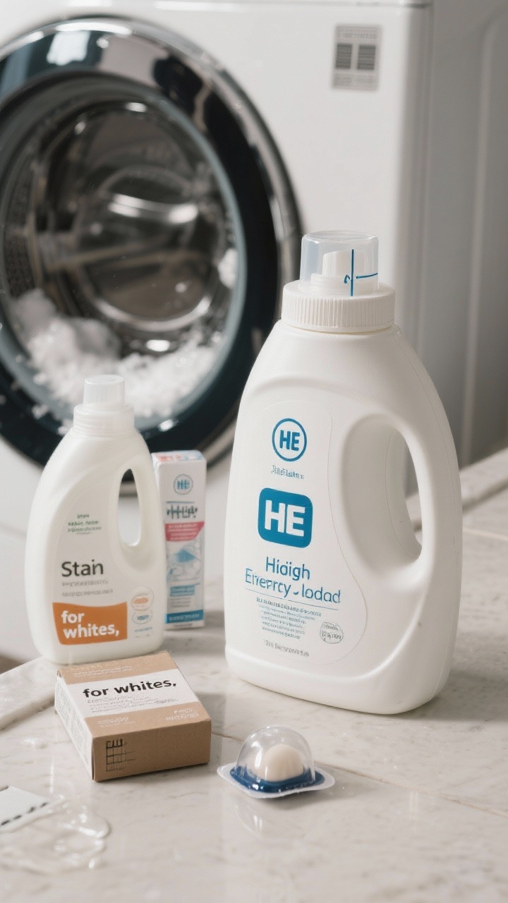 Detail closeup: An HE detergent bottle cap showing the correct fill line for a medium load, with a high-efficiency (HE) icon on the washer. Nearby: a tidy trio—liquid detergent for stains, a box of powder labeled “for whites,” and a pod in a clear container. Minimal suds in the washer window, no residue. Overhead lighting, top-down perspective highlighting glossy plastic, matte cardboard, and the slick sheen of measured liquid without overflow.