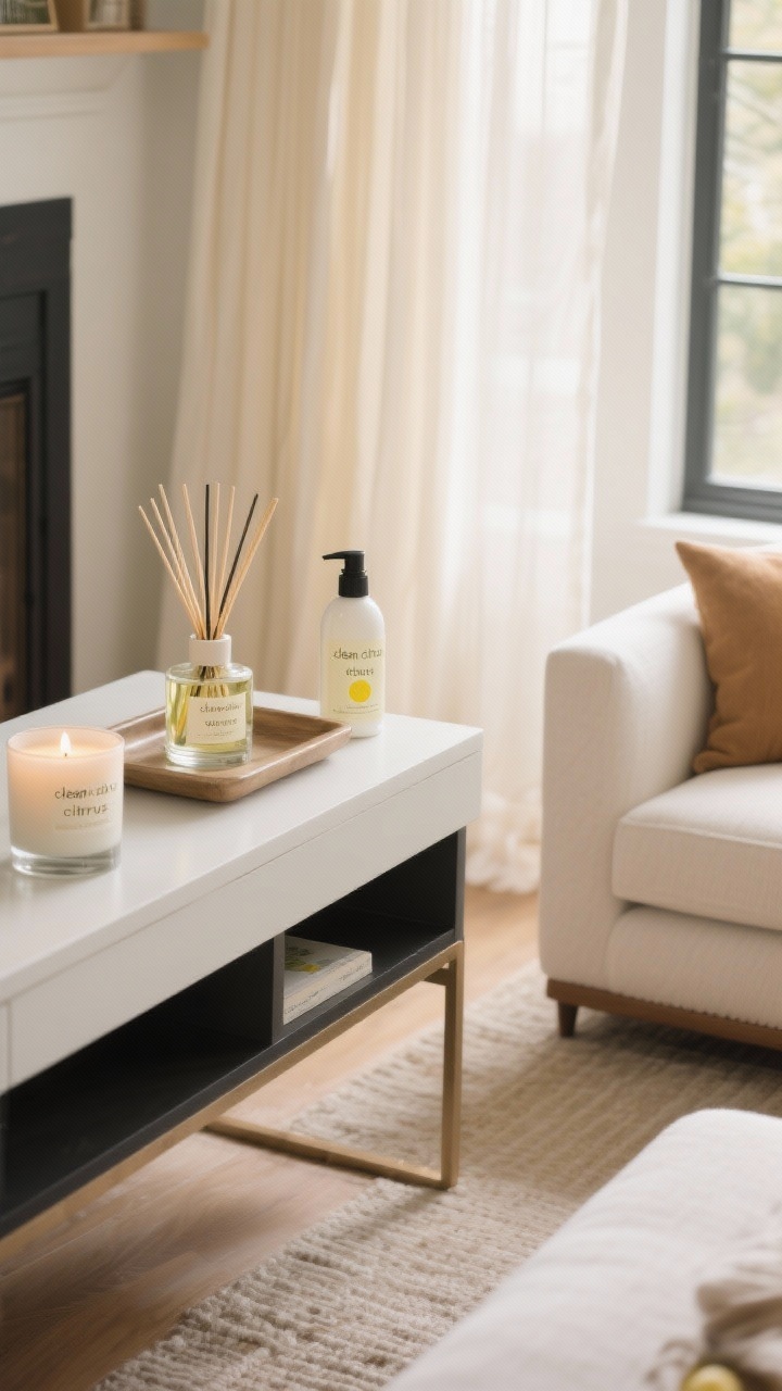 Detail closeup: cohesive “clean citrus” scent strategy—one fragrance profile in multiple formats; a matte glass candle on a living room tray, a reed diffuser on an entry shelf, and a linen spray bottle near airy cream curtains; avoid visual clutter, textiles lightly misted; soft morning natural light, neutral palette of warm white and camel with charcoal accents, overhead angle to emphasize consistency.