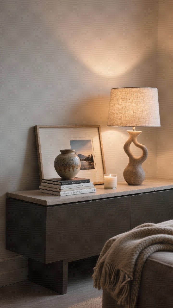 Detail closeup: Edited, personal vignette on a console—one handmade ceramic vessel, a small stack of favorite books, a single framed travel photo, and a sculptural quirky lamp as the conversation starter; duplicates and tired decor absent; a signature scent via a minimalist candle; a neatly folded cozy throw visible at the edge of frame; negative space preserved for a curated feel; warm, evening lamp light, photorealistic texture rendering