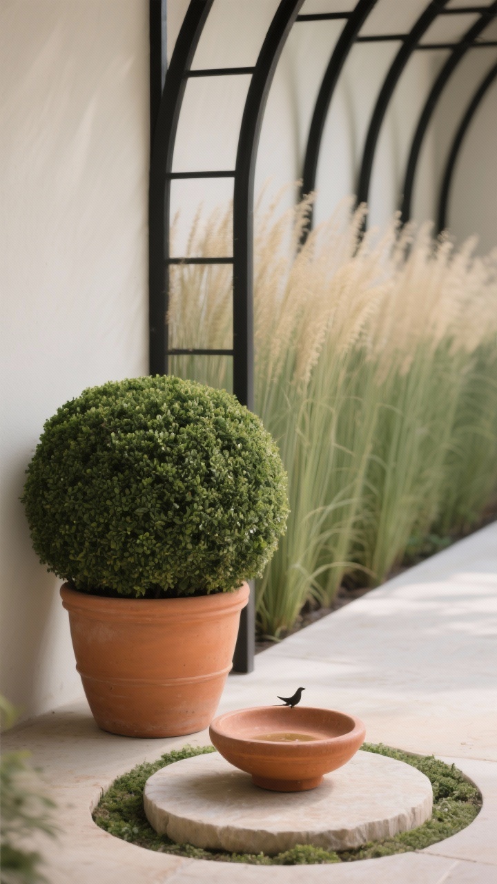 Detail closeup emphasizing repetition and rhythm: rounded boxwood shrub beside a round terracotta pot and circular stepping stone, all aligned to echo shape; terracotta color repeated again in a small bird bath rim; vertical ornamental grass in background mirrored by a slim black trellis; soft diffuse lighting to enhance form and repetition; shallow depth of field to isolate the repeated curves.