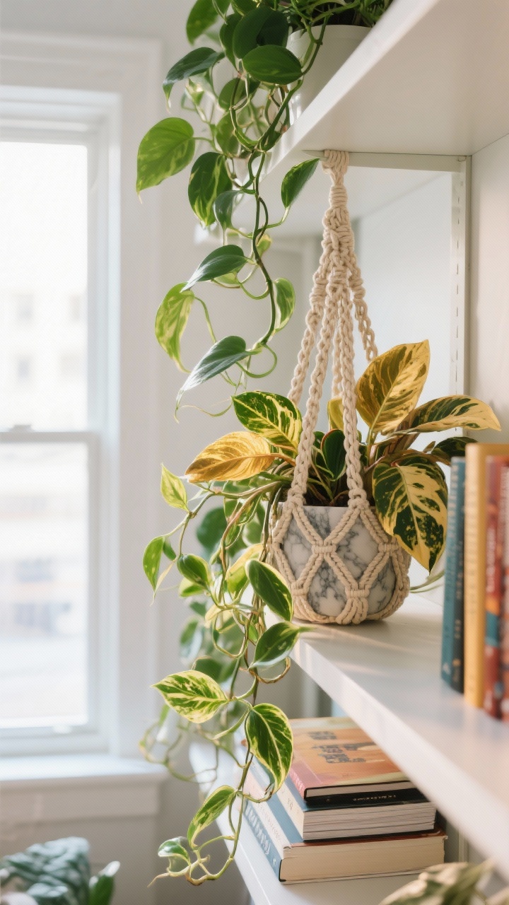 Detail/closeup from a slightly elevated angle of trailing pothos vines spilling off a high bookshelf and a hanging macramé planter near a bright indirect window; include mix of golden, marble queen, and neon pothos for varied variegation and color; visible texture of macramé rope and leaf patterns; natural daylight filtering in, soft highlights on leaves; cozy renter-friendly styling with a few stacked books below; photorealistic, no people