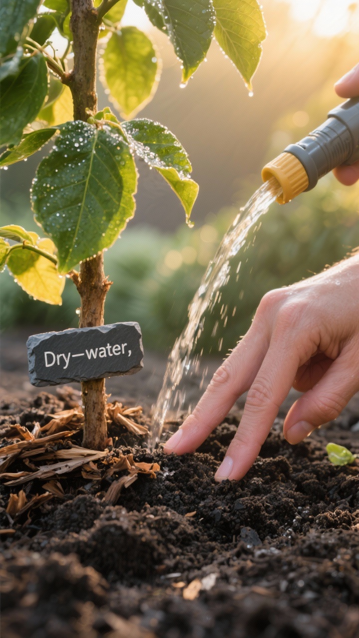Detail closeup, low angle: Moisture check in action—two inches deep finger test in dark, crumbly soil near a plant stem, with mulch layer visible. A slow-drip watering wand delivers a deep, gentle stream, not misting. Include a moisture level note on a slate marker reading “Dry—water,” and nearby leaves showing healthy green (no yellowing). Early morning golden light with a slight dewy sheen and soft shadows.