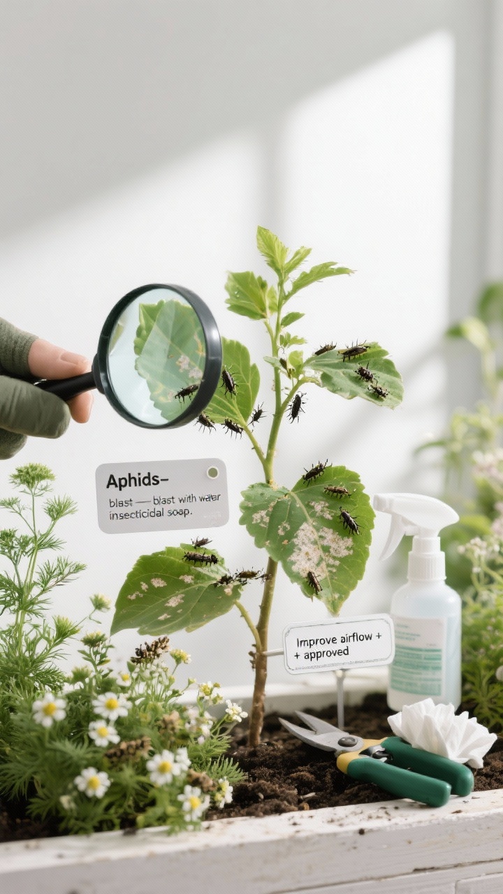 Detail closeup, oblique angle: A gardener’s inspection setup on a single plant—leaves gently flipped to reveal tiny aphids and sticky residue, a magnifying glass and ID card noting “Aphids—blast with water or insecticidal soap.” Nearby leaf shows faint powdery mildew, with a tag reading “Improve airflow + approved fungicide.” Border plantings of dill, yarrow, and sweet alyssum attract beneficials. Clean spray bottle and disinfectant wipes for pruners included. Bright, clinical daylight.