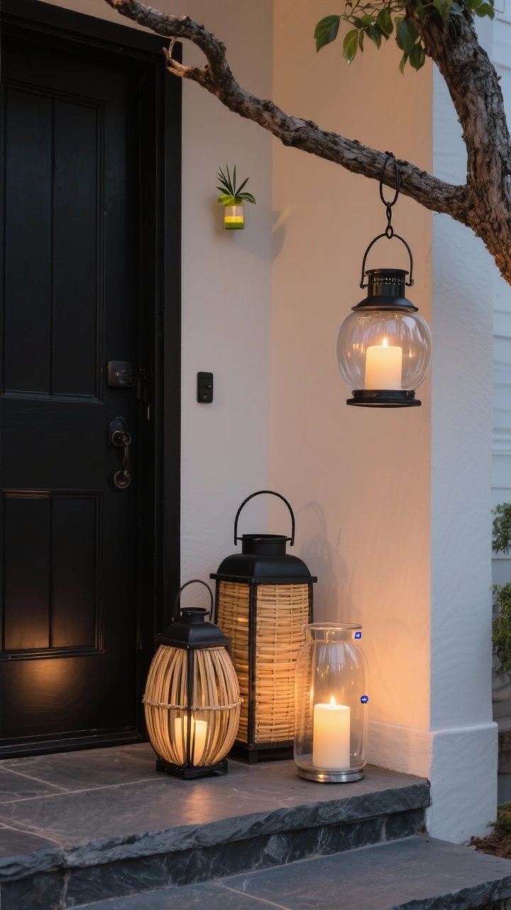 Detail closeup of a cozy corner vignette: three lanterns clustered in varying heights on a slate step beside a matte black door; materials mixed—black metal frame, bamboo-wrapped lantern, and clear glass hurricane; flameless LED candles with timers glowing softly; one small lantern hanging from a hook, another suspended from a tree branch above to pull the eye upward; add a discreet citronella oil candle for mosquito control; warm, intimate evening mood; overhead three-quarter angle highlighting textures of metal, bamboo, and glass