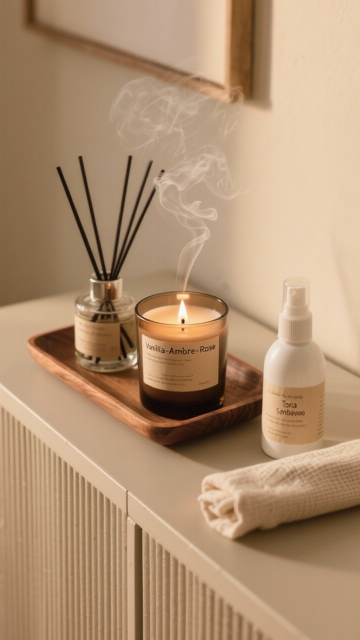 Detail closeup of a curated scent vignette on a console: matte glass candle labeled vanilla-amber-rose burning beside a reed diffuser, a second candle with notes of tonka and sandalwood unlit nearby, and a linen spray bottle mid-shelf; soft warm light with a gentle curl of smoke; textured paper label and natural wood tray; overhead angle capturing the trio, photorealistic.