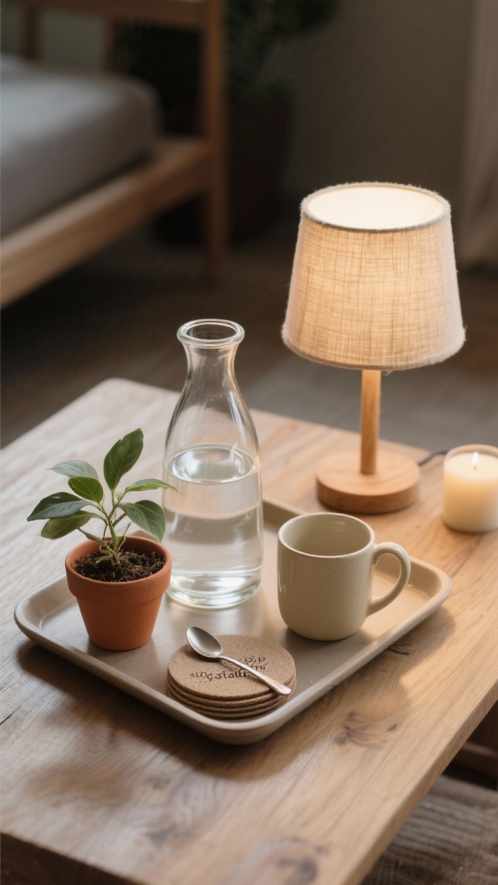 Detail closeup of a “sip station” on a tray: a clear glass carafe filled with water, a ceramic mug in matte cream, a small leafy plant in a terracotta pot, a slim spoon, and a stack of neutral coasters corralled neatly; nearby, a petite table lamp with a linen shade casting soft mood lighting; optional candle unlit; photorealistic overhead shot on a natural wood surface with subtle shadows.