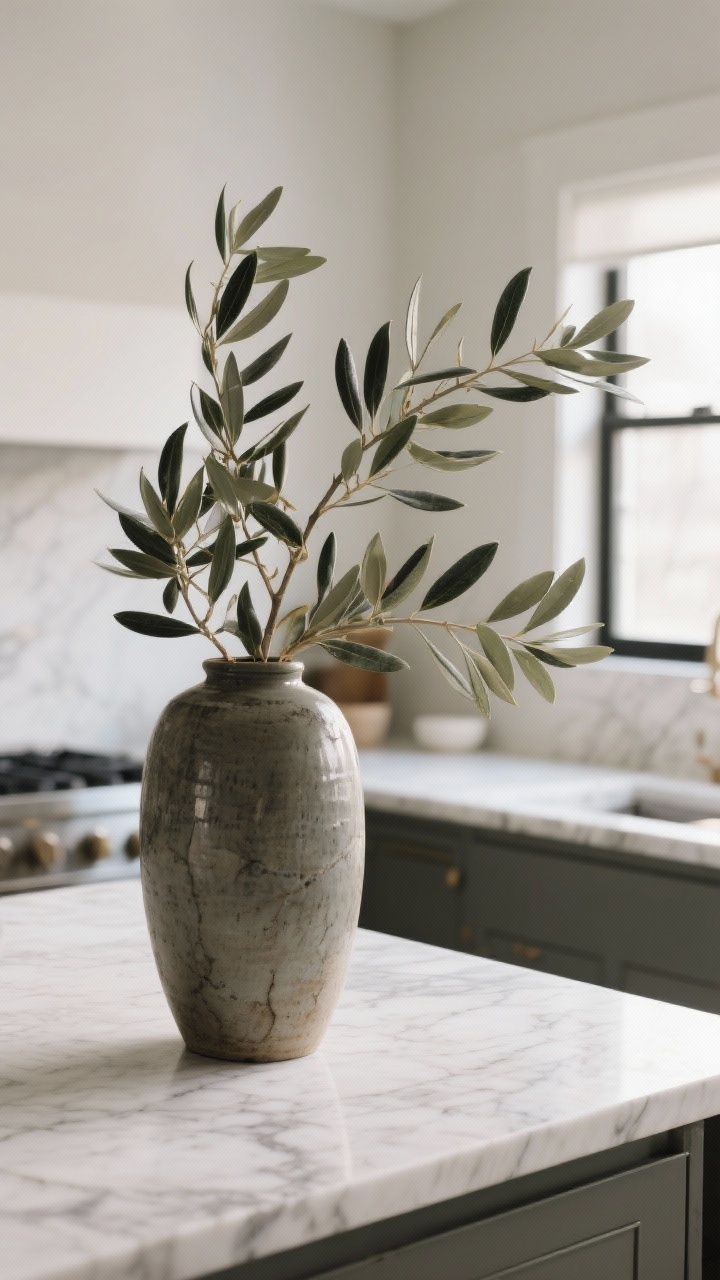 Detail closeup of a tall, heavy ceramic vase on a kitchen island holding oversized olive branches arranged asymmetrically, reaching up and out; single variety only for a refined, editorial look; natural light from a nearby window catching the leaves; marble countertop with subtle veining, minimal surrounding objects; focus on texture of leaves and vase, shallow depth of field, no people.
