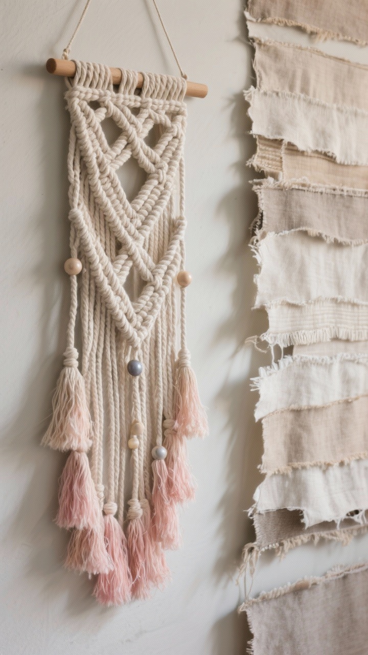 Detail closeup of a textile wall hanging on a dowel: a fringed tapestry of cotton rope knotted in rows, with combed, fluffy fringe ends slightly dip-dyed at the tips in a soft blush. Beads accent a few strands. Next to it, part of a layered fabric panel shows torn strips of linen in tonal neutrals creating depth. Gentle side lighting highlights the fibers and weave; neutral wall background, oversized proportions suggested, photorealistic.