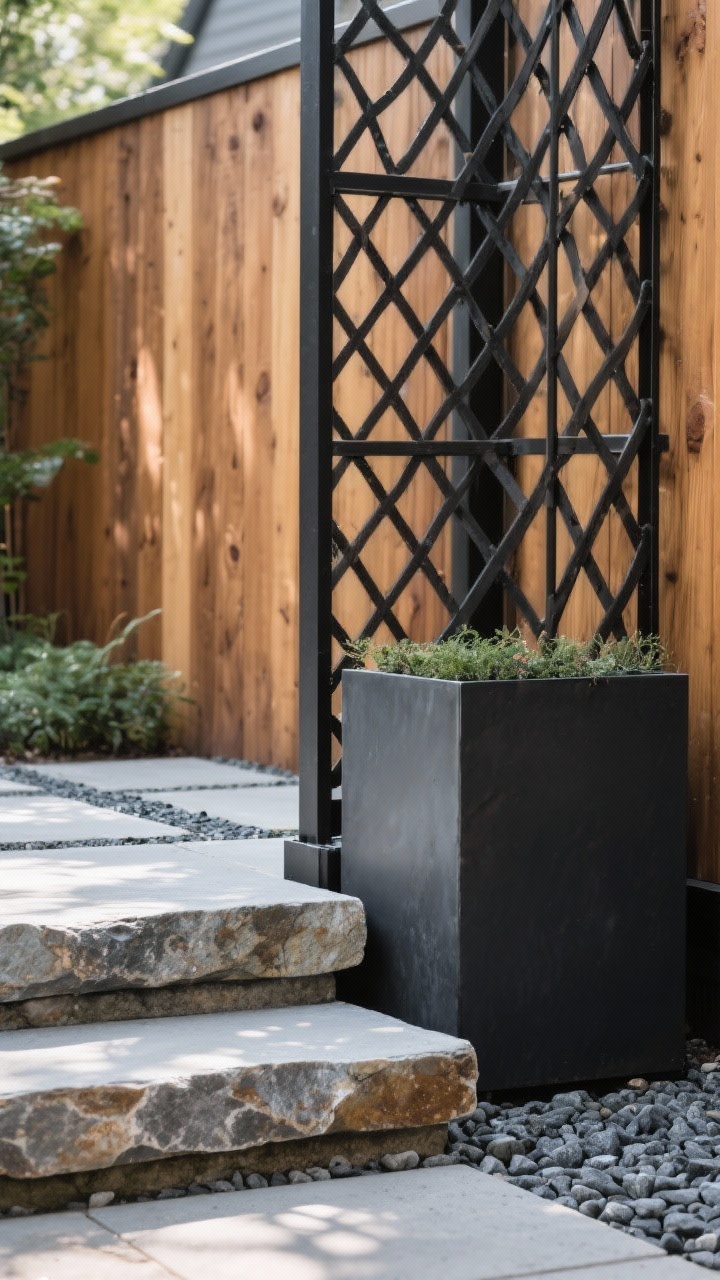 Detail closeup of matched materials: black metal trellis against warm wood fencing, raw stone stepping pavers adjacent to gravel; a charcoal planter repeats the palette; focus on the junctions where materials meet to show consistency—one metal tone (black), one planter color (charcoal), one hardscape palette (gravel + stone pavers); soft dappled daylight highlighting textures of grain, patina, and stone.