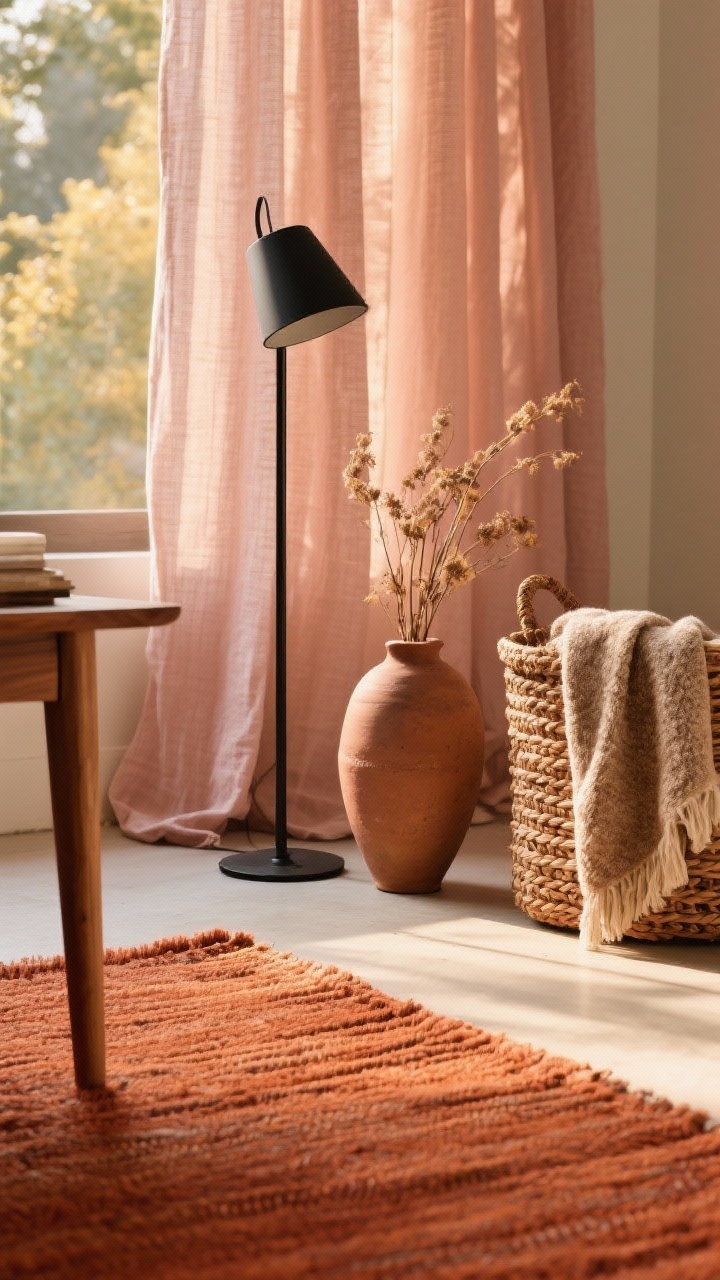 Detail closeup of textiles and materials: a terracotta flatweave rug edge meeting warm wood furniture leg, blush linen curtain pooling slightly on the floor; matte black metal floor lamp base nearby, clay vase with dried stems, nubby throw folded on a woven basket; warm sun-soaked lighting that feels like late golden hour, photorealistic, warm-on-warm palette