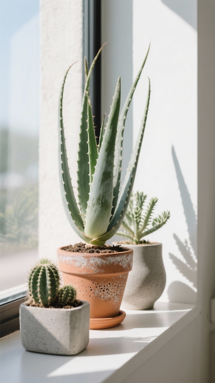 Detail/closeup on a sunny south- or west-facing windowsill styled as a curated cluster: a sculptural aloe vera in a terracotta pot (visible porous texture and patina), paired with a couple of other minimalist succulents in concrete and ceramic planters; bright indirect to direct sunlight casting crisp shadows; fast-draining cactus mix visible at the soil surface; clean, modern gallery vibe with varied heights; photorealistic, no people
