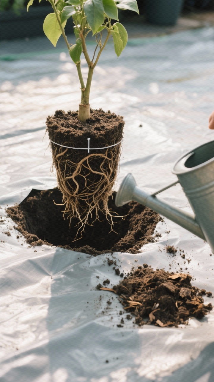 Detail closeup, overhead: Root-care on a potting tarp—plant lifted from a nursery pot with circling roots gently teased apart, the crown level marked to avoid deep planting. A wide planting hole 2–3 times the pot’s diameter, not deeper, with native soil mixed with 20–30% compost beside it. A watering can poised to settle backfill for eliminating air pockets. Neutral daylight highlighting root texture and soil granules.