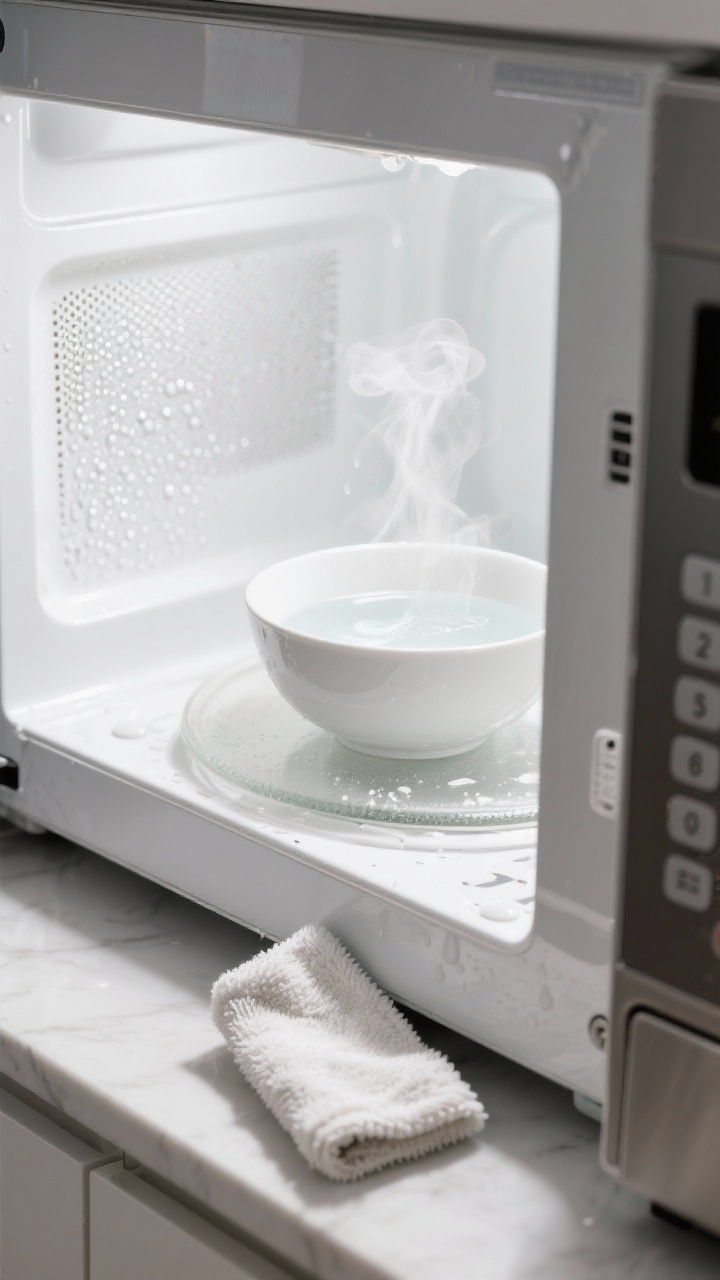 Detail closeup, straight-on: Inside a microwave after steaming—condensation beads on the interior walls, a white bowl of water with visible wisps of steam and a subtle hint of white vinegar, softened splatters ready to wipe clean; a microfiber cloth poised at the threshold, keypad and handle just out of frame to suggest the final wipe; bright, clean lighting for a high-ROI, ultra-fresh look.