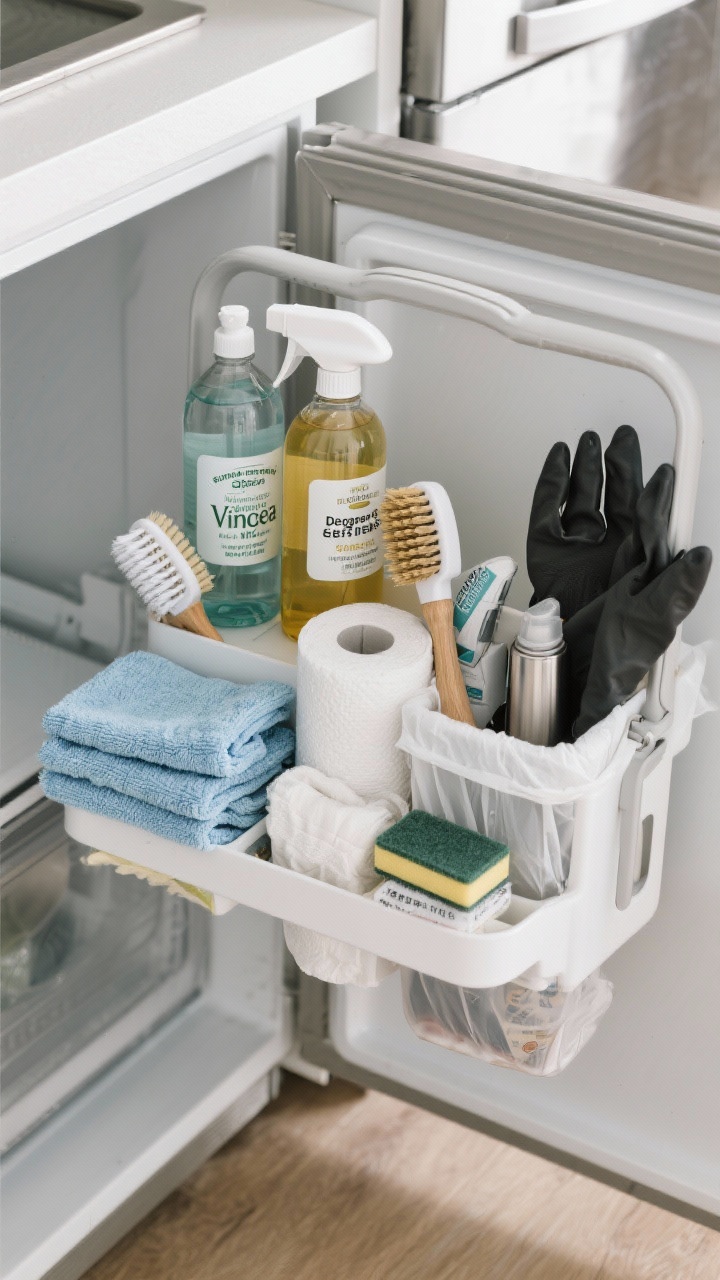 Detail closeup, top-down: A portable grab-and-go cleaning caddy meticulously stocked—labeled bottles of all-purpose spray (or vinegar + water) and a degreaser, neatly folded microfiber cloths, paper towels, scrub brush, magic eraser, stainless steel cleaner, rubber gloves tucked on the side, and a small bin liner folded for trash or expired fridge items; modern, photoreal textures with crisp daylight highlighting labels and materials, aesthetic yet functional.