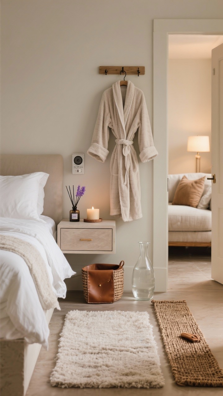 Detail closeups, tactile-forward: A sensory trio on a bedroom/bath edge—plush bath mat underfoot, crisp white sheets turned down, and a soft robe hanging on a hook; on a dresser, a diffuser emitting a subtle lavender scent and a small speaker for playlists; in the living area, a sandalwood candle near a woven runner and a leather catchall by the door; a pretty glass water carafe within reach; warm, cozy lighting, photorealistic.