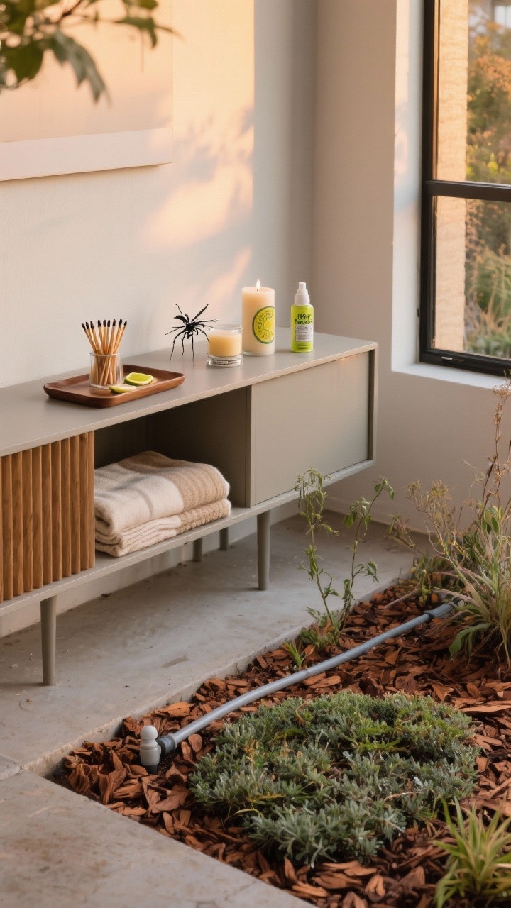 Detail/medium hybrid: Low-maintenance ritual corner—a small sideboard holding a tray with matches, a citronella candle, bug spray, and a folded throw; nearby, drip irrigation tubing discreetly watering a bed mulched in warm bark with native, climate-appropriate plants and a patch of creeping groundcover suppressing weeds. Early evening light, practical and serene, emphasizing ease and daily habit.