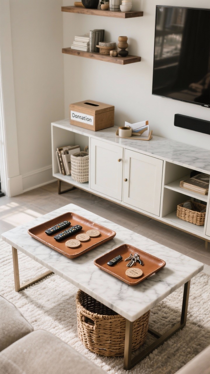 Detail overhead shot: A styled coffee table and console demonstrating clutter control systems—everything corralled on trays: remotes and coasters on a leather or marble tray, a second tray on an entry console for keys and mail. Include closed storage nearby: a media console with doors and a woven lidded basket under a side table. Show floating shelves above with neatly edited items and a labeled donation box tucked in a lower cubby. Clean, daytime lighting; photorealistic overhead perspective highlighting textures and order.