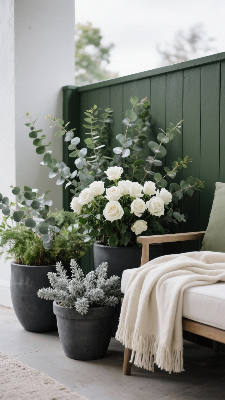 Detail shot: A calming color story vignette—eucalyptus and dusty miller foliage in matte charcoal planters, a cluster of white roses, and a painted fence in deep olive creating a backdrop that makes the greenery pop. Include a folded cream linen garden throw on a nearby seat to echo the palette. Overcast diffuse lighting for serenity, close-up angle emphasizing greens, whites, silvers, and the charcoal/olive contrast.