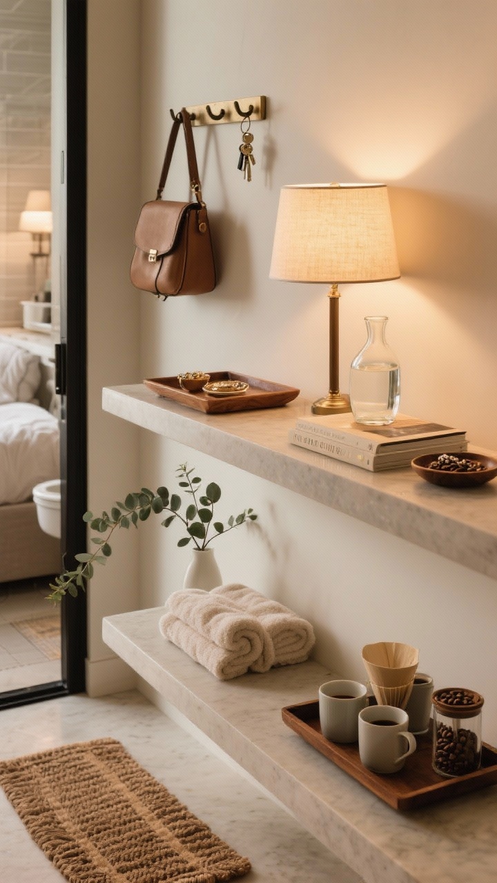 Detail shot of luxe daily ritual stations arranged on separate surfaces: an entryway tray with keys, small lamp, and wall hooks for bags; a bedside setup with a good lamp, water carafe, current book, and a small jewelry dish; a bathroom corner with fluffy towels, teak bath mat, and a single eucalyptus branch; a coffee corner tray corralling mugs, filters, and beans; warm, inviting lighting tying the vignettes together; no people.