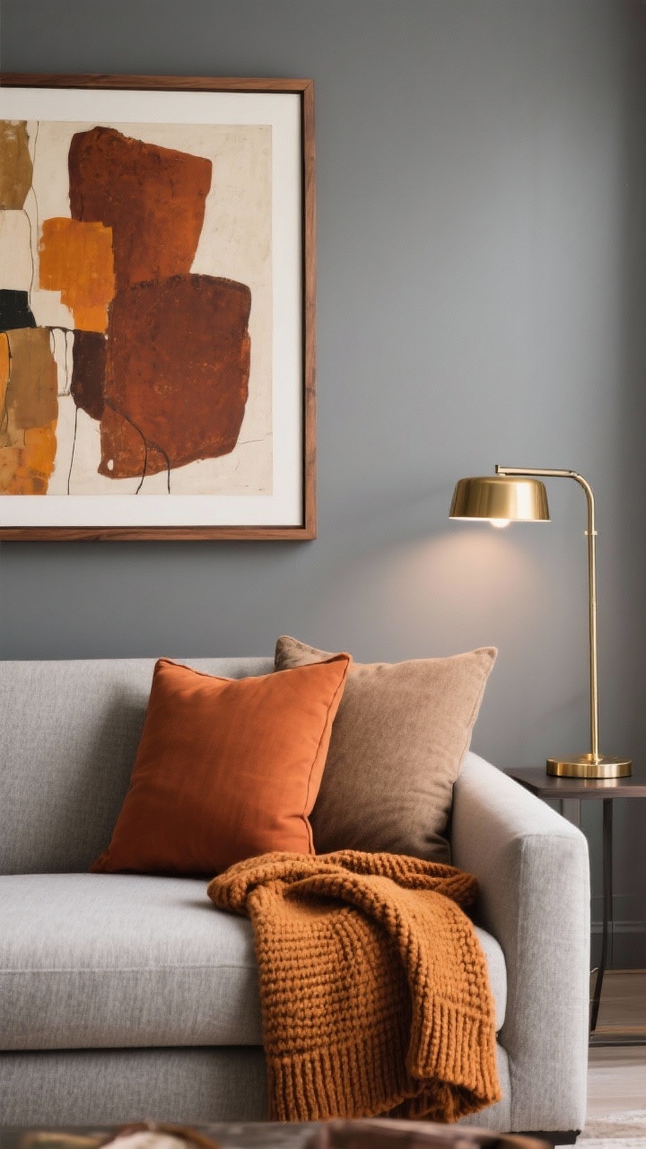Detail shot on a sofa and wall: cool gray wall balanced by warm accents—terracotta pillows, camel throw, ochre knit folded on arm; art with warm undertones (abstract with rust and amber hues) in a wood frame; metal accents in brass (table lamp base, picture light) replacing chrome; soft indirect light for a gentle glow; photorealistic fabric texture and color temperature.