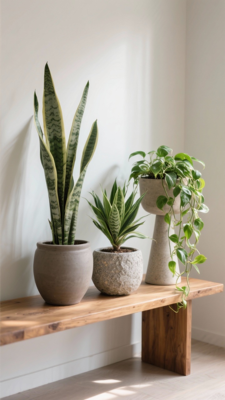 Detail shot, three-quarter angle: A cluster of low-maintenance plants styled in odd numbers—tall snake plant in a matte ceramic pot, mid-height ZZ plant in a stone-textured planter, and a trailing pothos cascading from a pedestal pot; grouped on a wooden bench near indirect light; mix of heights and pot finishes, no nursery plastic, soft natural daylight.