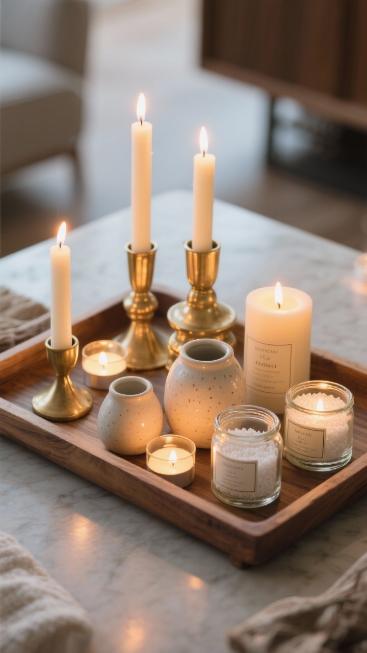 Detail tabletop scene: a curated cluster of candlelight on a wooden tray—mixed heights and holders with taper candles in brass, pillar candles in ceramic, and tea lights in reused glass jars partly filled with white sand for stability; glowy warm light; optional realistic LED candles mixed in; background softly blurred; woodsy/gourmand scent labels visible; overhead three-quarter view, photorealistic.