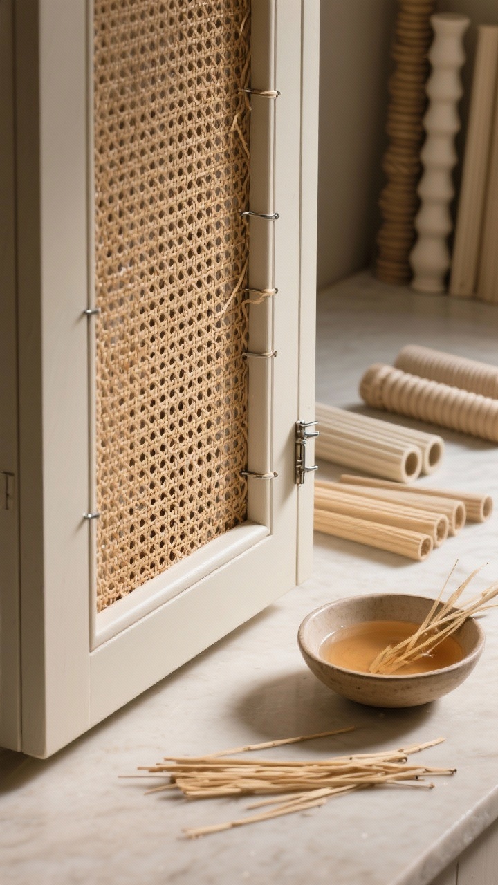 Detail, three-quarter angle of a cabinet door with newly added cane webbing: frame with center panel cut out, cane evenly stretched and stapled on the back; a strip of thin molding ready to apply to conceal staples; a shallow bowl of warm water with soaking cane strips beside it; soft, directional light accenting the organic cane texture; alternative materials visible in the background—fluted dowels and reeding strips laid out neatly.