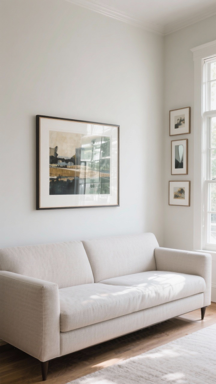 Detail-to-medium shot: A sofa wall showcasing correctly scaled and hung art—one large framed piece measuring about two-thirds the sofa width, centered 6–8 inches above the back, with the artwork’s center around 58 inches from the floor. Include a secondary wall nearby with a small gallery arrangement: start from a central anchor piece and build out with 2–3 inches between frames. Add a mirror opposite a window on an adjacent wall to bounce daylight. Bright natural light; slight side angle to show spacing and scale.