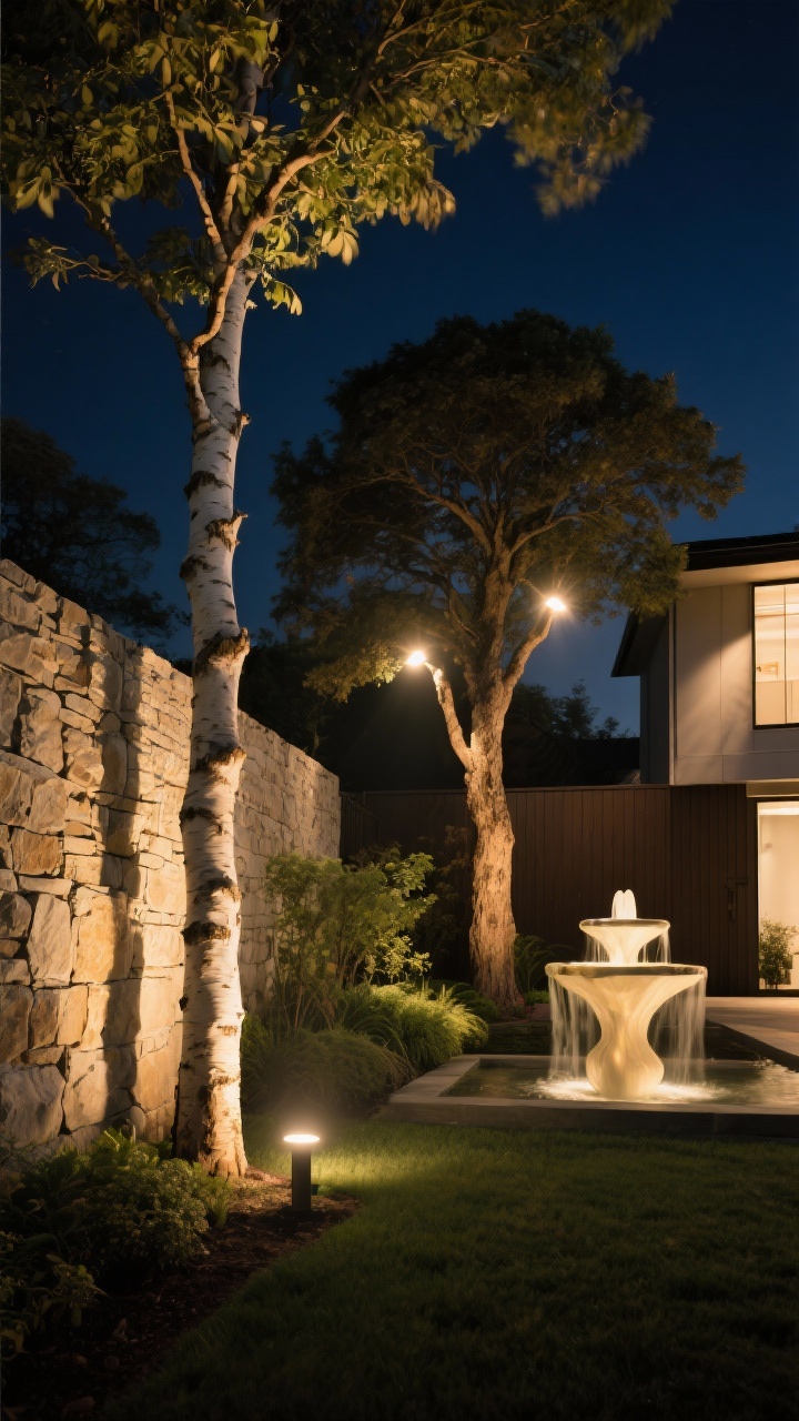 Dramatic night garden, medium-wide shot showing uplighting: a narrow birch tree with a single spotlight at the base aimed up the trunk into the canopy, plus a wider oak with two spotlights for even coverage; warm 3000K beams create layered shadows; a stone wall and textured siding on a nearby modern home softly lit to reveal texture; a sculptural water feature highlighted as a garden hero; dimmable feel—subtle, not harsh; photorealistic, low angle looking up to emphasize depth and drama