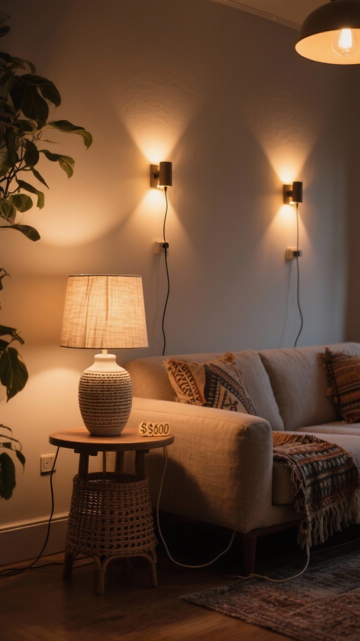 Evening interior medium shot: “fake built-ins” lighting effect—plug-in sconces mounted above a sofa casting warm 2700K–3000K light, layered with a ceramic-base table lamp with a linen or pleated shade on a $30 end table that appears elevated; ambient overhead light dimmed; woven rattan lamp base option visible; cozy boho textures in the background but lighting is the hero; photorealistic, visible cords neatly managed.