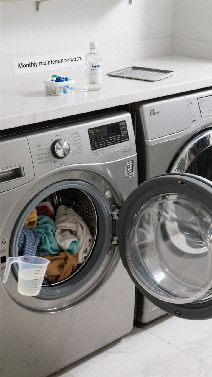 Laundry room closeup: Front-loading washer with drum visibly filled only three-quarters with mixed fabrics, a measuring cup showing half the usual amount of liquid detergent, and the washer door propped open after a cycle to air out. Include a small container of washer cleaning tablets and a bottle of white vinegar on a shelf labeled “Monthly maintenance wash.” Nearby, a dryer with the lint trap removed and clean, lying on the machine top. Cool, bright task lighting highlights metal textures and the rubber door gasket.