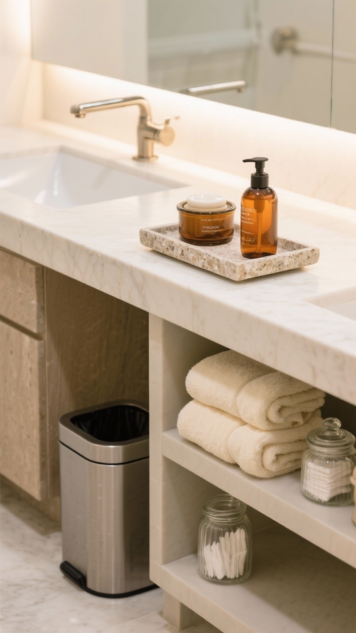 Medium bathroom vanity shot: upgraded daily touchpoints—coordinated amber hand soap + lotion set on a stone tray, two sets of neatly folded quality bath towels in a neutral cream on an open shelf, a modern step trash can with perfectly fitting liner, and decanted basics (clear jars for cotton pads); bright but warm task lighting, polished nickel faucet, photorealistic textures of glass, stone, and plush cotton.