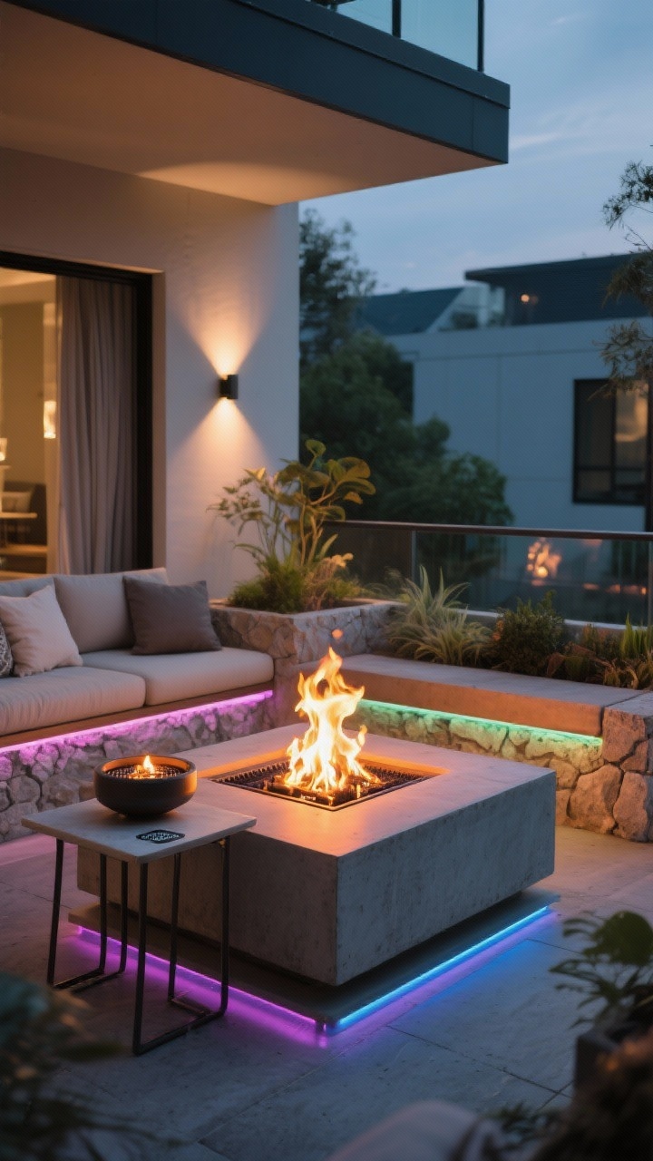 Medium-close shot of a modern outdoor lounge with a rectangular gas fire pit as the focal point, real flames providing warm, flickering light; safe clearances from overhangs, fabrics, and plants are evident; a compact tabletop fire bowl on a side table suggests balcony-friendly scale, labeled clean-burning fuel; subtle RGBW LED strips under a bench and along a planter base add a low-heat, modern halo; surrounding lights dimmed to let the firelight dominate; photorealistic corner-angle composition with textured stone and concrete surfaces glowing softly