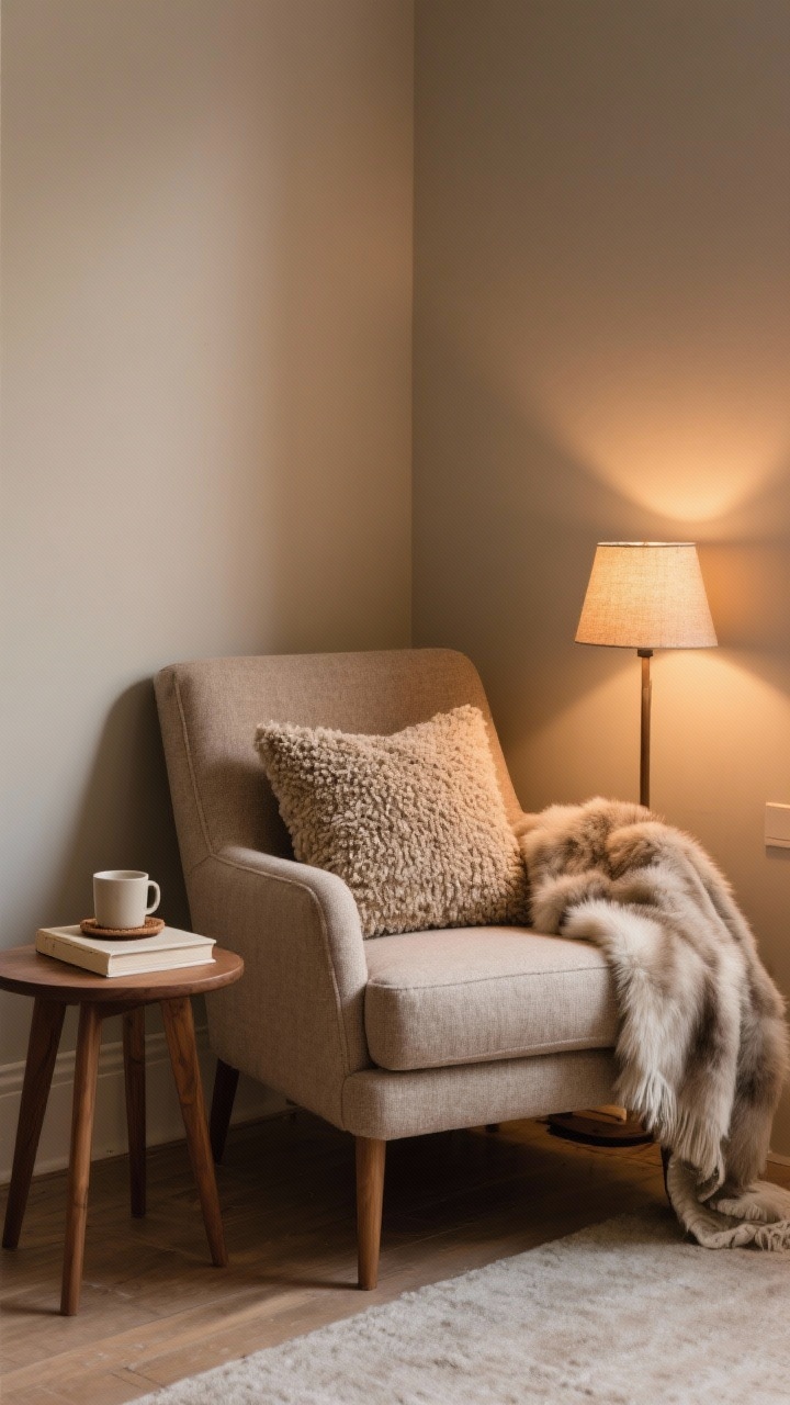 Medium corner reading nook: supportive high-back armchair in a cozy fabric, layered with a bouclé pillow and a faux fur throw; warm-shaded reading lamp casting a focused but soft beam; petite wood side table with a mug on a coaster and a closed book; inviting, lived-in feel; corner angle perspective with warm lighting and subdued background.