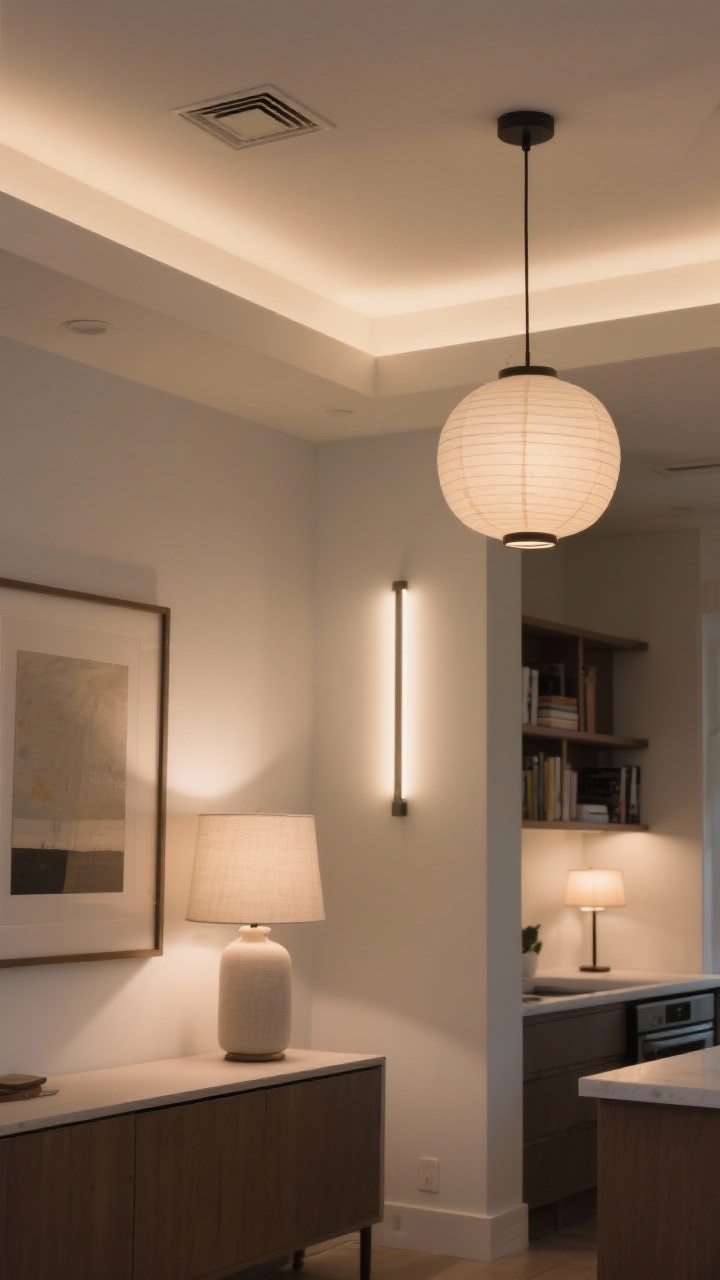 Medium corner shot: layered lighting like a movie set in a minimalist space—ambient ceiling light on a dimmer, a linen-shaded table lamp on a console (2700–3000K warm LED), and a slim picture light washing a single framed artwork; add a small lamp on a kitchen counter/bookshelf in the background for a gentle glow. Include a paper lantern pendant overhead, linen or paper shades that diffuse light, warm pools of illumination at multiple heights, no harsh glare. Clean, calm, cinematic mood.