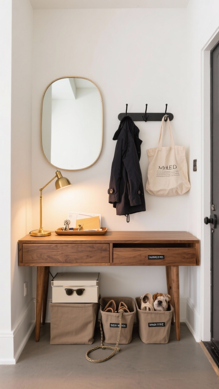 Medium entryway shot: a functional landing zone with a slim warm wood console under a wall mirror, a labeled catch-all tray with keys and mail, a small brass lamp casting warm glow, black metal hooks holding a coat and canvas tote, two labeled bins for shoes and dog leash below, and a lidded box in the console drawer slightly open showing sunglasses; straight-on view, warm white walls, intentional styling, no people, photorealistic.