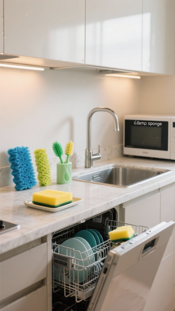 Medium kitchen counter scene: A bright, neutral kitchen with a quartz counter shows three color-coded cleaning tools neatly arranged—blue sponge by the sink for dishes, yellow sponge on a small tray for counters, green silicone sponge and a compact scrub brush set aside for bathroom use. Overhead cabinet lighting casts soft illumination. Include a stainless steel sink, dish rack, a microwave with door ajar for “damp sponge” zap context, and a dishwasher partially open with a sponge on the top rack. Convey freshness, no clutter, and clear separation to avoid cross-contamination.